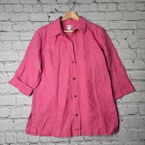 Vintage Chico's 100% Linen Pink Half Sleeve Button Up Collared Blouse Size 1
